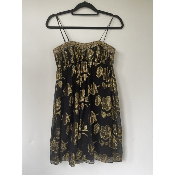 Cache Strapless Cocktail Dress Womens 4 Black Gold Floral Brocade Sequin Silk Pa - Picture 11 of 12